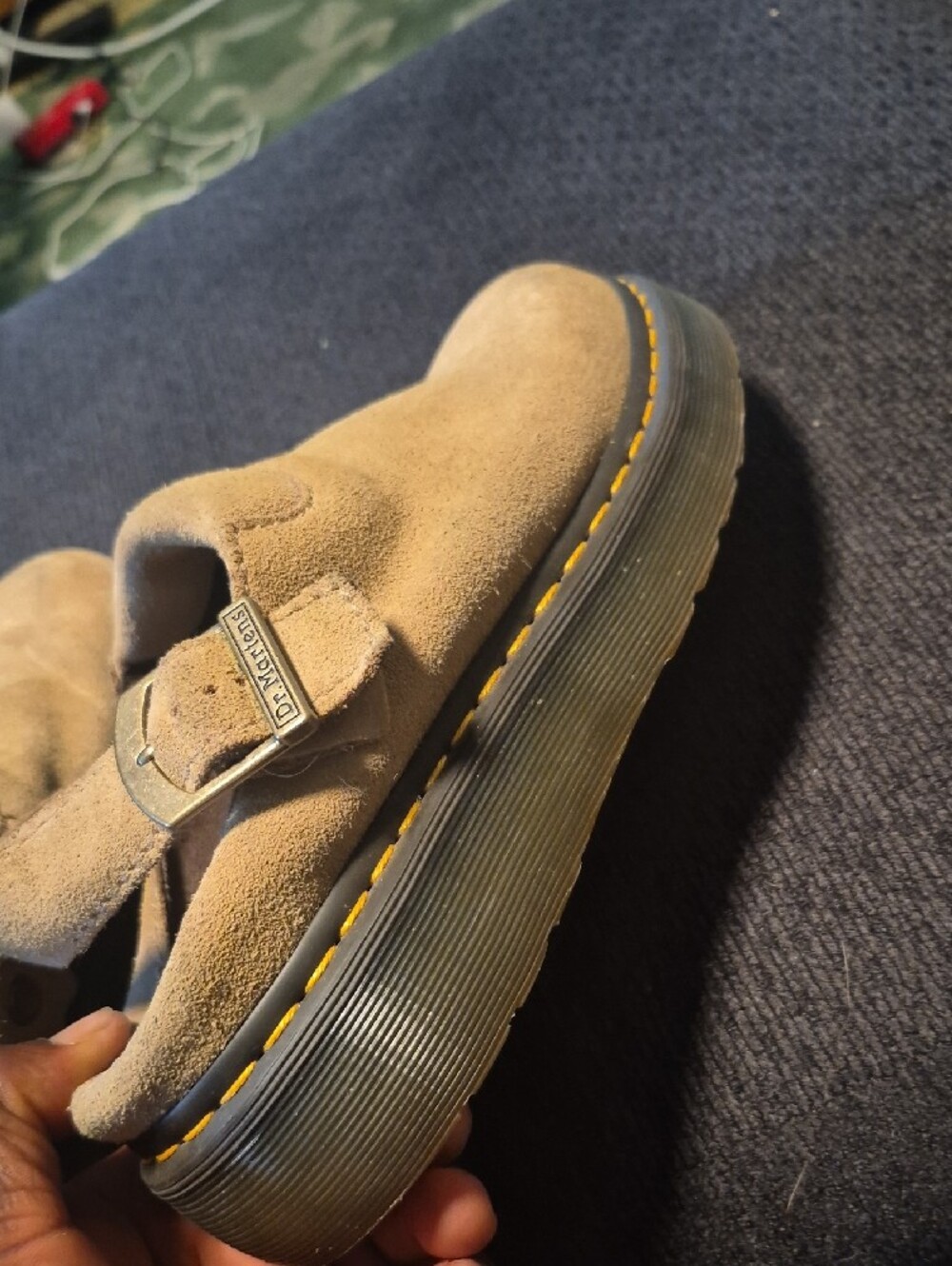 Dr. Martens Tan Suede Slingback Mules with Yellow Stitching - Picture 15 of 15